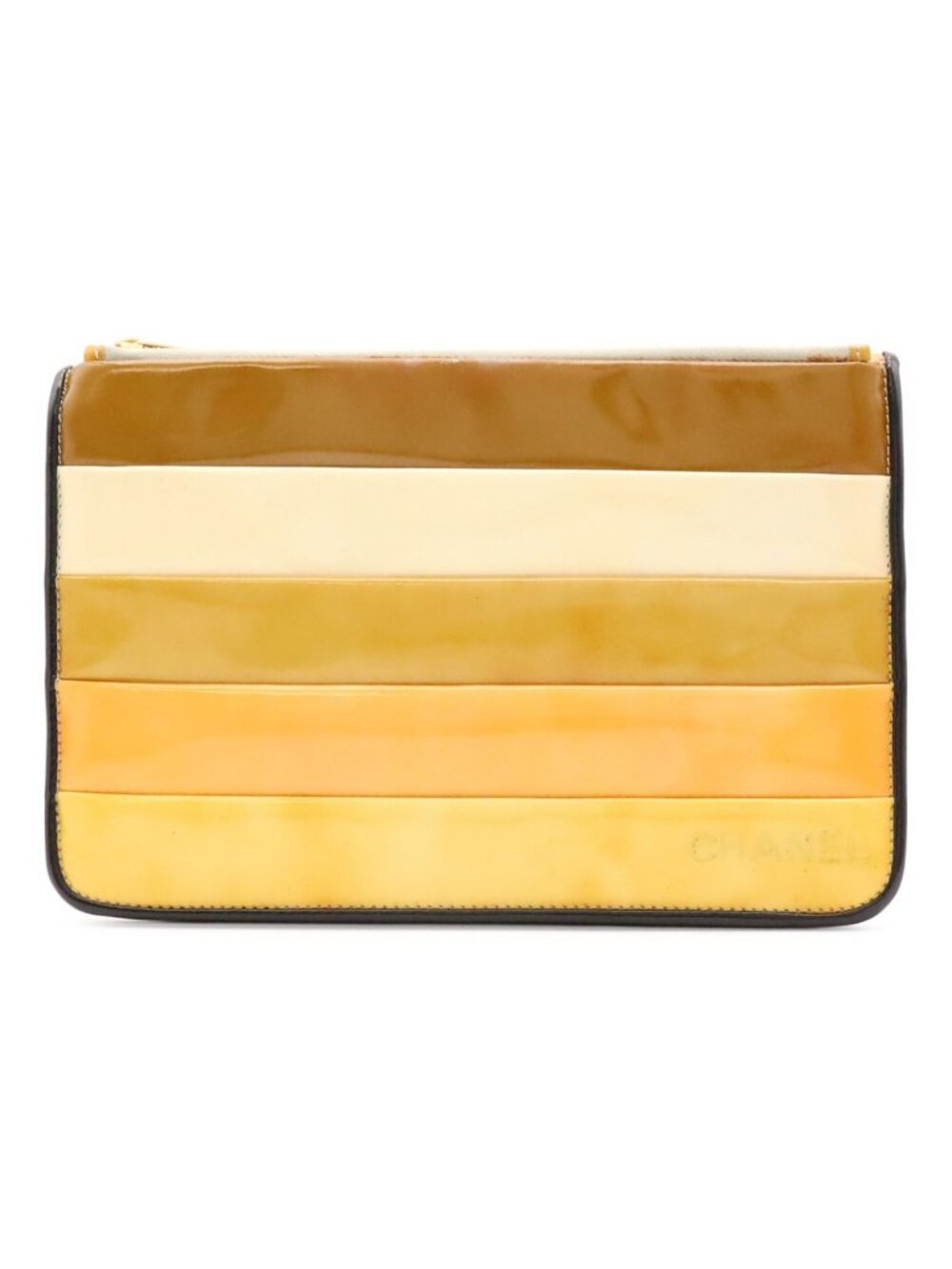 Chanel Logo Stripe Border Clutch Enamel Patent Leather Yellow Multicolor Black
